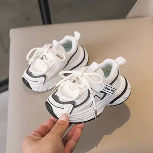 Detail of children's mesh sneakers showing breathable fabric and chunky anti-slip sole