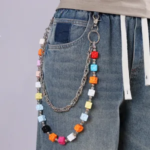 Trendy Colorful Cube Block Double Layer Pants Chain Hip Hop Y2K Waist Chain For Jeans Streetwear Fashion Jewelry