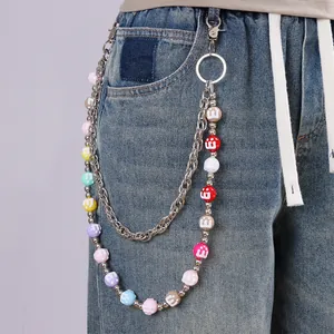 Colorful M-bead double-layer pant chain with metal links on light blue denim jeans