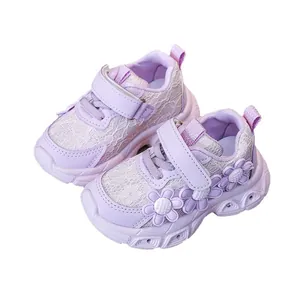 Purple floral sneakers for girls with lace mesh panels and anti-slip thick soles