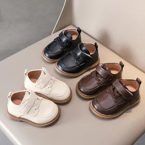Classic British style toddler leather shoes with velcro straps in black, beige and brown