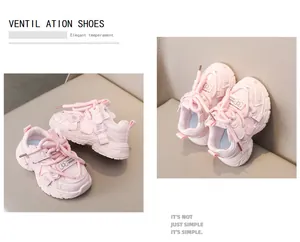 Close-up of pink breathable mesh girls sneakers with velcro strap and cute bow detail