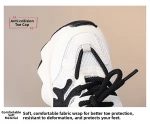 Detail of reinforced anti-collision toe cap on breathable mesh kids' sneakers