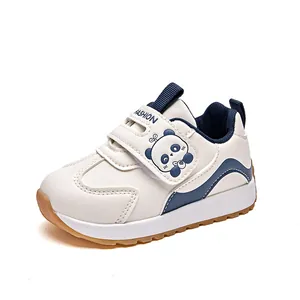 Kids lightweight non-slip sneakers in white and navy blue with cute panda Velcro strap