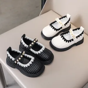 Mädchen Mary Jane Schuhe Gewebtes PU Leder Perle Prinzessin Schuhe Wellenkante Weiche Sohle Kinder Party Schule Halbschuhe Schwarz Weiß