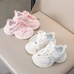 Pink and white breathable mesh chunky sneakers for girls with bow velcro and thick soles