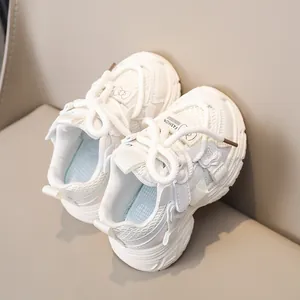 White girls' running sneakers with breathable mesh and cute bow tie details