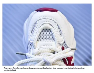 Detail view of breathable mesh toe cap and burgundy synthetic overlays on kid sneakers