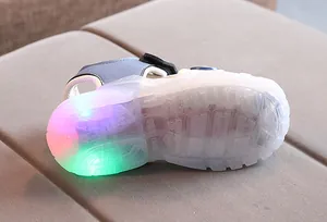 Close-up of kids' sandals featuring colorful LED glowing soles and non-slip fashion patterns