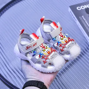 Detailed view of kids sports sandals with mesh upper and Ultraman graphic design