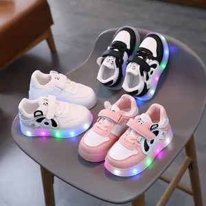Kids LED Light-up Panda Cartoon Board Shoes Microfiber Leather Toddler Sneakers Non-slip Casual Shoes With Velcro Closure
