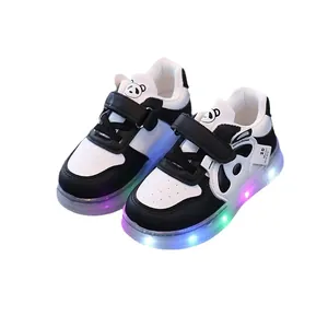 Toddler LED panda sneakers with light-up soles and velcro straps for kids aged 1-6