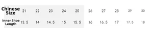 Size chart for kids beach sandals showing CN sizes 21-30 and insole length in cm