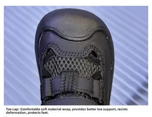 Detail of the reinforced anti-collision toe cap on breathable black mesh kids sandals