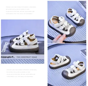 Detailed view of kids breathable mesh sandals with double hook-and-loop straps and anti-slip toe