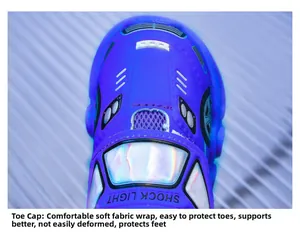 Détail de la pointe souple de chaussure enfant bleue avec éléments de course
