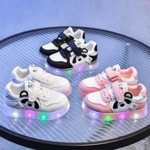 Kids LED Light Up Shoes Cute Cartoon Panda PU Leather Sneakers Non Slip Soft Sole Hook And Loop Toddler Boys Girls Board Shoes