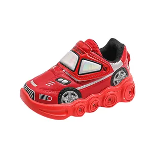 Red racing-themed kids LED light-up sneakers with velcro closure and car design