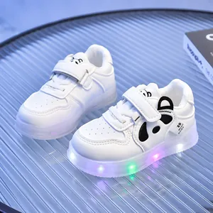 Toddler white sneakers with panda design and colorful LED glowing soles for boys and girls