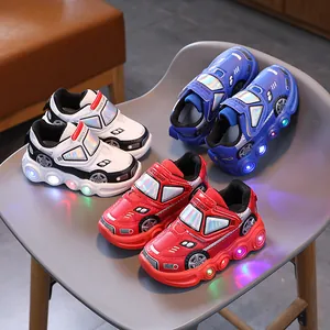 Kids LED Glowing Sneakers Racing Car Design Light Up Shoes For Boys Girls Non-Slip Toddler Sport Shoes With Magic Sticker