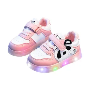Pink and white LED light-up sneakers for toddlers with cute panda motif and soft soles