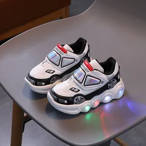 Kids LED light-up sneakers with racing car design, breathable mesh and velcro closure