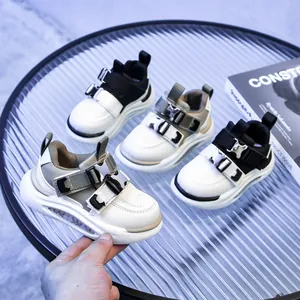 Kids Sport Shoes Synthetic Leather Breathable Thick Sole Sneakers With Dual Buckle Straps For Boys Girls Casual Outdoor