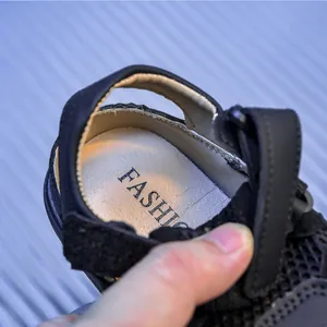 Macro view of kids sport sandals showing breathable mesh and fashion inner sole