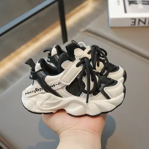 Kids breathable black and white mesh chunky sneakers with velcro strap closure