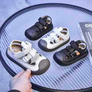 Kids Breathable Mesh Beach Sandals Anti-collision Toe Synthetic Leather Sporty Casual Toddler Shoes For Boys Girls