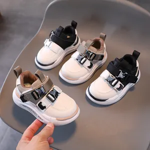 Kids leather sneakers with light-up soles and adjustable buckles in diverse colors