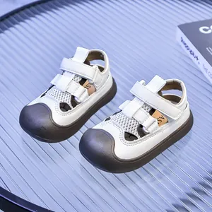 Kids breathable hollow mesh beach sandals with non-slip soft soles and toe protection
