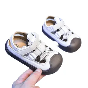 Kids breathable mesh sandals with white leather, brown rubber toe cap and Velcro straps