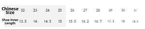 Detailed size chart for kids' breathable running shoes showing Chinese size and inner length