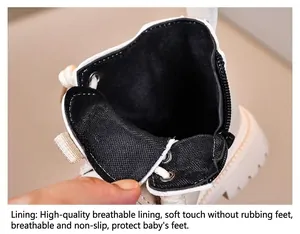 Detail view of breathable soft fabric lining and smooth side zipper of kids ankle boots