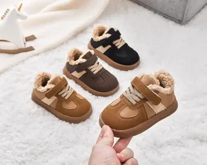 Close-up of winter toddler sneakers with warm faux shearling lining in three colors
