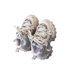 Girl's mesh sports sneakers in beige with non-slip thick sole and woven laces