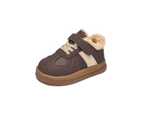 Detail showing plush faux fleece lining and Velcro strap of kids' warm winter sneakers