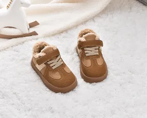 Detail view of children warm winter shoes with thick fleece lining and velcro closure