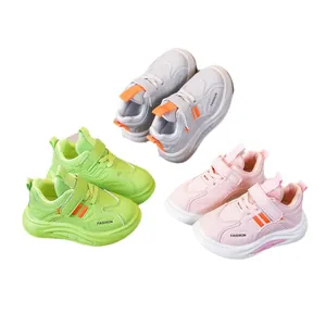 Kids breathable chunky sneakers with non-slip soft soles in green, white, and pink