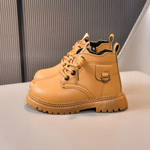 Classic kids yellow soft leather Martin boots with side zipper and non-slip rubber sole