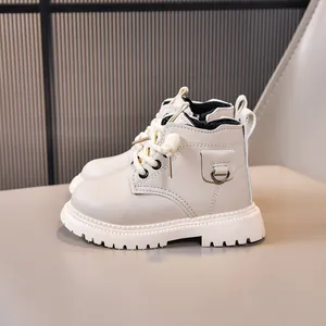 Kids off-white leather Martin boots with non-slip soft thick sole and side pocket