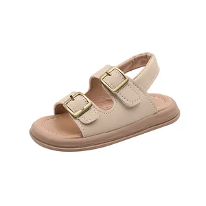 Unisex kids open-toe summer beach sandals with adjustable beige faux leather straps