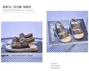 Detail view of children's brown cork sandals with metal buckles and soft anti-slip soles