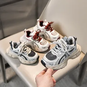 Kids breathable mesh chunky sneakers in white red and grey with thick wavy soles