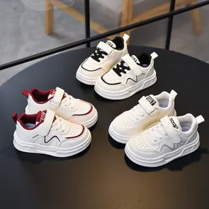 Waterproof leather kids sports sneakers in black, red, and grey with breathable holes