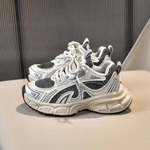 Kids breathable mesh chunky sneakers with silver grey patchwork and cushioned thick sole