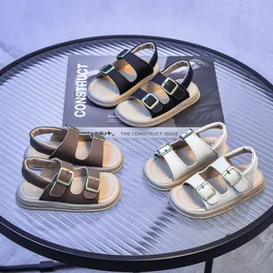 Stylish double-strap cork sandals for kids in black, brown and cream white colors