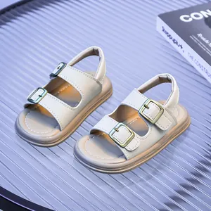 Toddler cream leather Birkenstock sandals with dual gold buckles and soft anti-slip soles