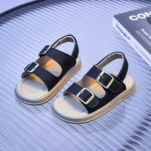 Kids buckle sandals in black matte finish with beige thick sole for boys and girls